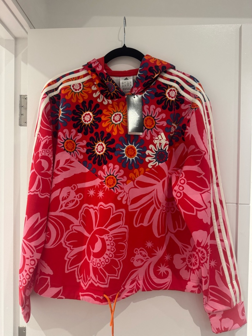 Adidas Farm Rio Red and Pink Floral Hooded Sweatshirt with White Stripes